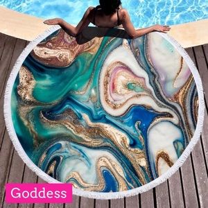 Goddess Teal, Blue & Gold Marble Round Beach Towel